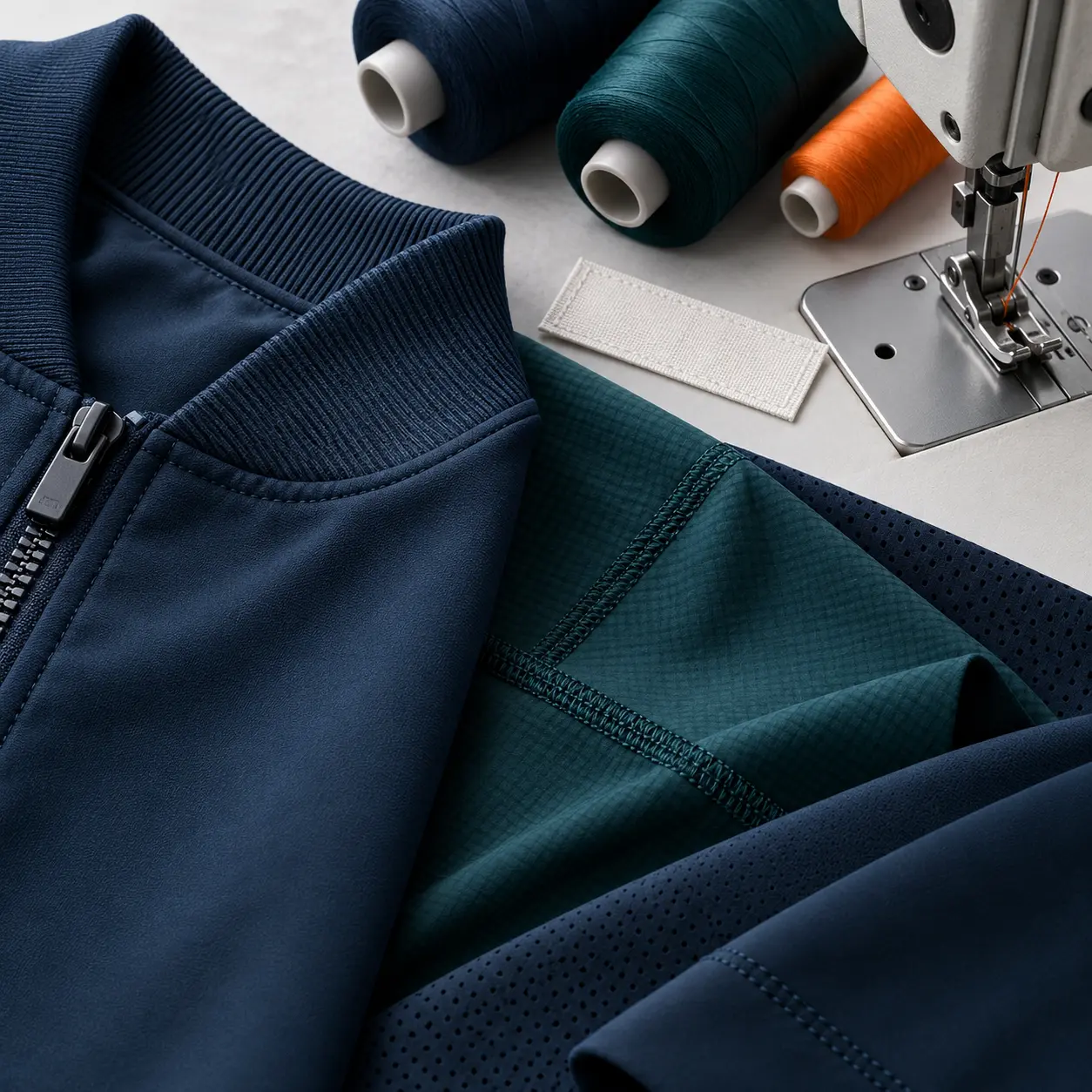 Close-up of performance fabrics, precise seams, tonal threads, and garment construction